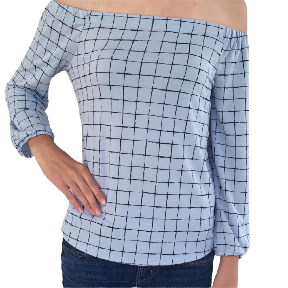 Blu Pepper Light Blue Grid Pattern Off Shoulder Blouse Small